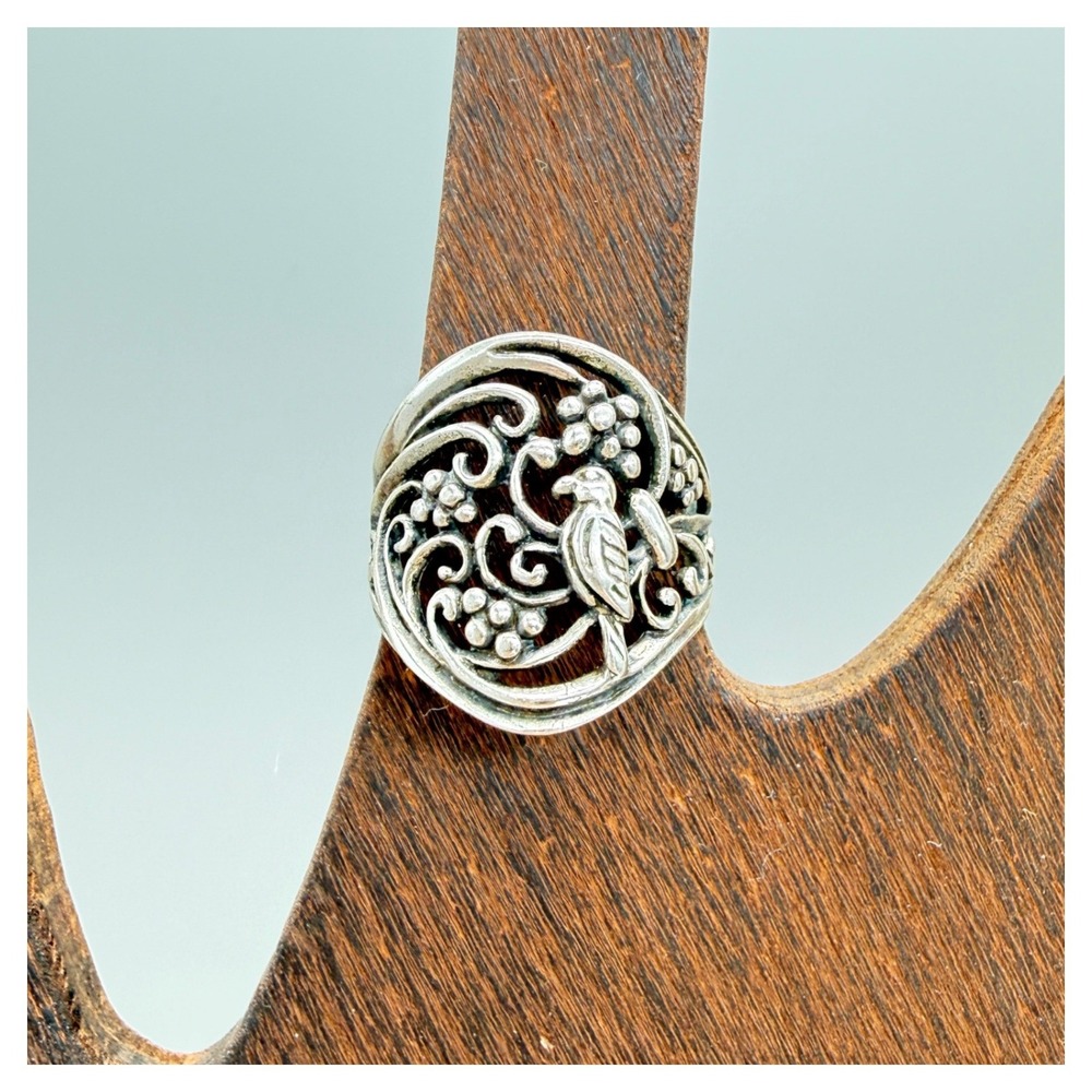 IMA Thailand 925 Sterling Silver Bird Floral Filigree Ring Size 8 Vintage Style